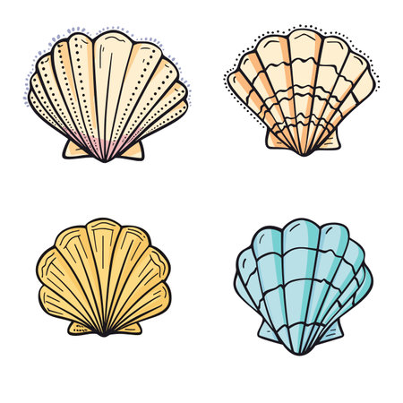 Seashell collection features various colorful scallop shells. Set sea shells different color schemes, handdrawn style. Cartoon scallop seashells isolated white background marine themesのイラスト素材
