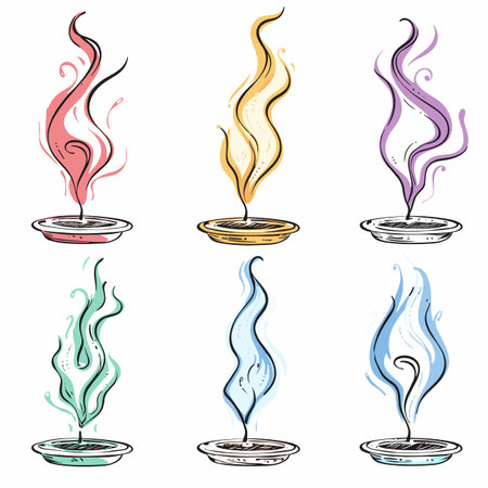 Six colorful incense sticks illustrations smoke rising various colors, stick set metallic holder, vibrant hues, curling smoke lines create relaxing atmosphere. Artistic representation relaxationのイラスト素材