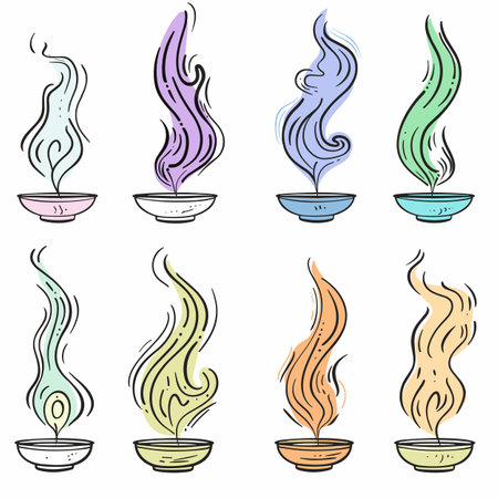 Handdrawn incense bowls colorful smoke rising set. Aromatherapy concept vibrant pastel colors. Sketch style incense bowls various smoke swirls isolated white backgroundのイラスト素材