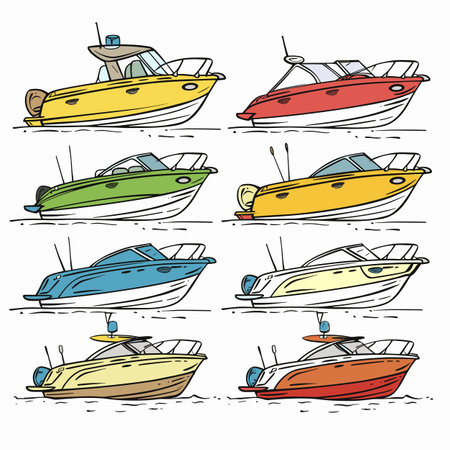 Set colorful speedboats illustrations isolated white, multiple views colors, modern watercraft design. Vector graphic various speedboats, recreational boating, leisure activity, nauticalのイラスト素材