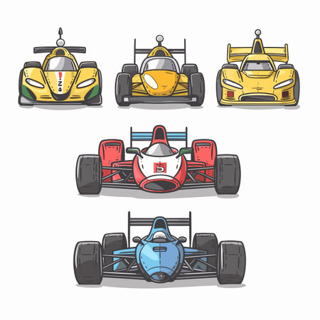 Three racing cars, colorful detailed design, front top views. Motorsport theme, speed competition. Professional race car vehicle illustrations, isolated white backgroundのイラスト素材