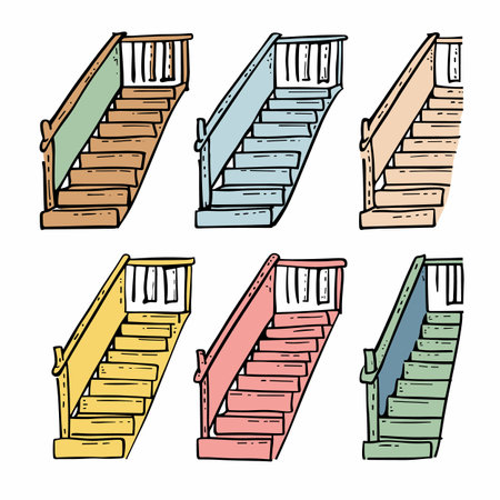 Handdrawn colorful staircases, six different colors, home interior design elements. Wooden stairs, cartoon style, isolated white background, home renovation concept. Illustration various stairsのイラスト素材