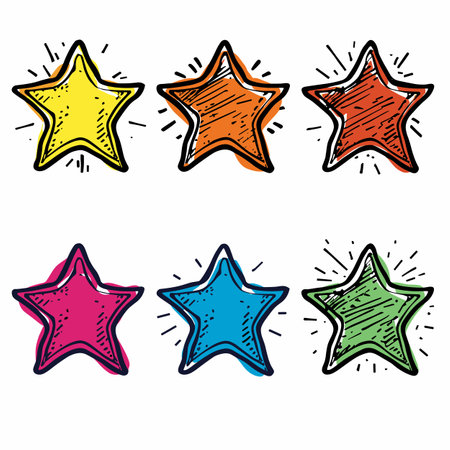 Six colorful cartoon stars doodled vibrant hues energetic linework. Handdrawn stars feature yellow, orange, red, pink, blue, green colors. Illustration presents set fun playful styleのイラスト素材