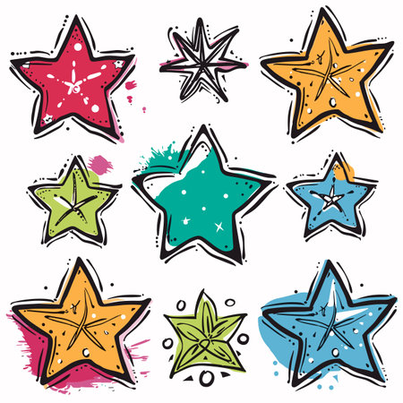 Collection colorful handdrawn stars splashes doodle elements, isolated white background. Nine unique star illustrations featuring variety patterns colors including pink, yellow, green, blueのイラスト素材