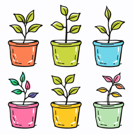 Handdrawn colorful plant pots, containing growing plant, against isolated white background. Brightly colored planters orange, green, blue, pink, yellow, light green young sprouts. Plants showingのイラスト素材