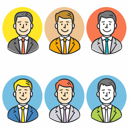 Cartoon businessmen avatars colorful circles smiling. Professional male characters business attire icons. Handdrawn men suit tie corporate profile imagesのイラスト素材