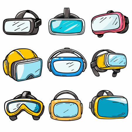 Collection virtual reality headsets, colorful cartoon style illustration. Various VR glasses designs, technology gadgets isolated white background. Different models VR devices immersive experienceのイラスト素材