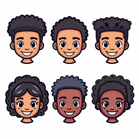 Six cartoon faces, three male, three female, smiling, friendly expressions, African ethnicity, diverse hairstyles. Kids avatars, playful, vibrant colors, curly hair, cheerful, digital illustrationのイラスト素材