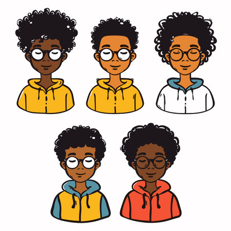 Six diverse cartoon characters, unique hairstyles glasses, wearing colorful casual clothes. Variety expressions, glasses styles, hair textures represented flat vector design. Cartoon portraits showのイラスト素材