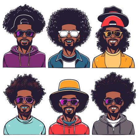 Six stylized afrohaired men portraits, sporting unique fashion, glasses, hats. Diverse modern male characters smile confidently, expressing individual styles. Afro hair men illustrated vibrantのイラスト素材