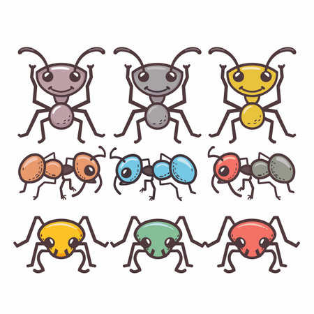 Colorful cartoon ants, nine variations, cute insect characters. Funny ant illustrations, vibrant colors, smiling faces, playful poses. Childfriendly bug graphics, educational, entomology themeのイラスト素材