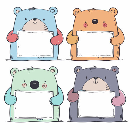 Four cute cartoon bears hold blank signs ready personalization. Bears pastel colors smile while showcasing empty placards messages, announcements. Adorable bear illustrations perfect childrensのイラスト素材