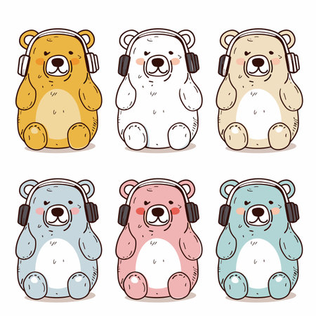 Six cute cartoon bears, different colors enjoying music headphones. Bears seated, eyes closed relaxation, colored shades yellow, white, brown, blue, pink, turquoise. Adorable teddy bearsのイラスト素材