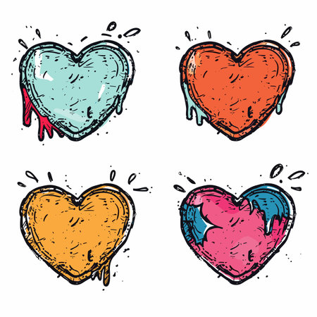 Four colorful dripping hearts handdrawn style, distinct blue, red, yellow, pink hues suggesting various emotions. Textured hearts splash drip effects appear vibrant artistic, symbolize loveのイラスト素材