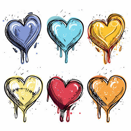 Six colorful dripping hearts, handdrawn various hues. Dripping paint effect adds dynamic emotional expression heart symbols. Graffiti style love concept hearts blue, yellow, red, orangeのイラスト素材