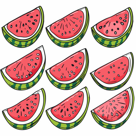 Fresh watermelon slices pattern scattered randomly. Juicy red watermelon pieces, ripe summer fruit...