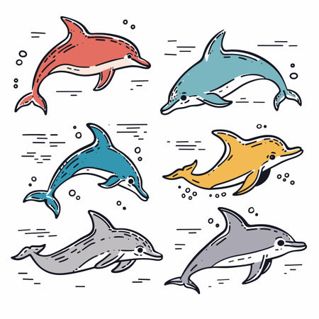 Set colorful dolphins jumping playing underwater. Handdrawn style dolphins, distinct color dynamic pose. Marine life illustration featuring playful dolphin charactersのイラスト素材