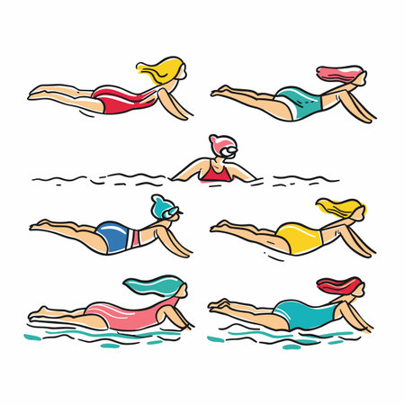 Illustration six female swimmers performing synchronized swimming routine, wearing different colored swimsuits swim caps. Diverse cartoon women display aquatic grace team coordination swimmingのイラスト素材