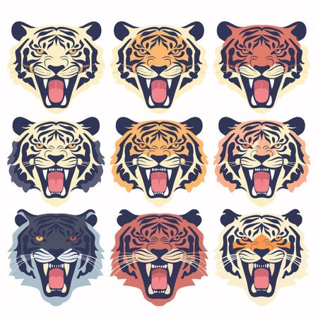 Nine roaring tiger faces, different colors, angry expressions. Graphic style tigers, aggressive, snarling fierce animals. Vector tiger heads, snarling, multicolored, wild feline collectionのイラスト素材