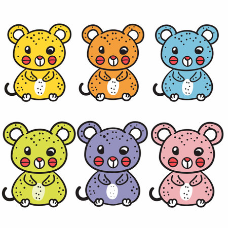 Six cute colorful teddy bears cartoon characters, bear features different main color yellow, orange, blue, green, purple, pink. Bears happy expressions, dotted texture, simplistic designのイラスト素材
