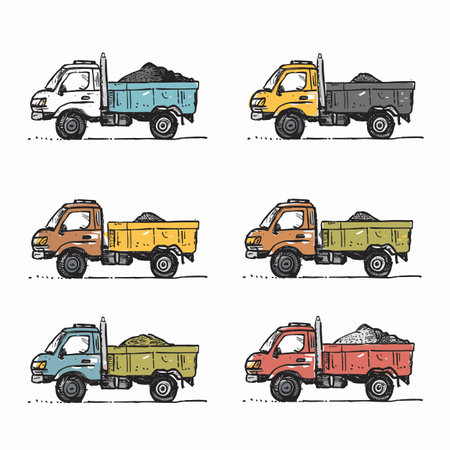 Handdrawn illustration collection dump trucks filled soil, different shades hues, grunge texture. Various colors trucks side view, transporting dirt, construction vehicles, sketch style. Eightのイラスト素材