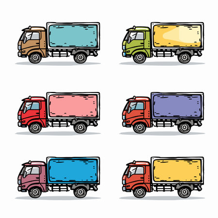 Set colorful delivery trucks cartoon illustration isolated white background. Collection various cargo transportation vehicles, handdrawn commercial delivery lorry designs colorful sketch. Differentのイラスト素材