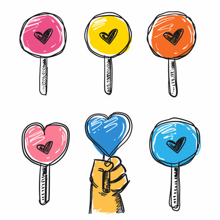 Handdrawn colorful lollipops, heartshaped round, sketched sweets, hand holding blue heart lollipop. Childlike drawing, playful confectionery, vibrant cartoon candy, isolated doodles. Fun vectorのイラスト素材