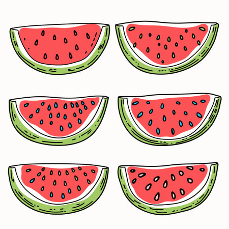 Fresh watermelon slices pattern summer fruit juicy snack ripe sweet delicious healthy food. Handdrawn watermelon pieces fruit dessert natural organic refreshment vibrant red green colors, segmentsのイラスト素材