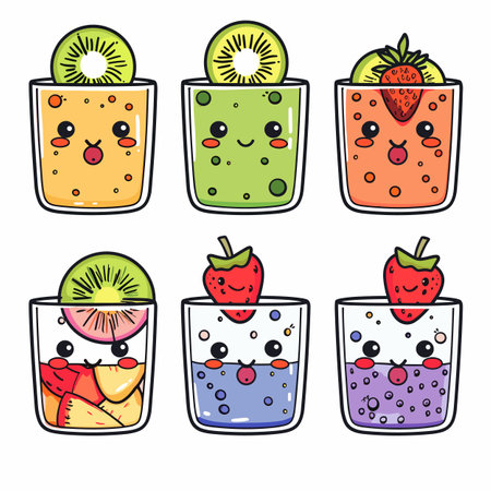 Colorful cartoon fruit smoothies cute faces, glass topped piece fruit. Six different smoothie characters expressive eyes mouths, clear glass. Vivid primary colors, simple lines, isolated whiteのイラスト素材