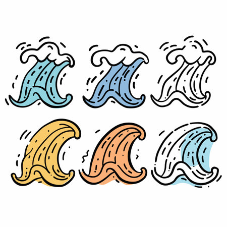 Six cartoon waves handdrawn, different color, simple wave design. Artistic set colorful waves, doodle style, representing sea movement. Vibrant handdrawn wave collection, artisticのイラスト素材
