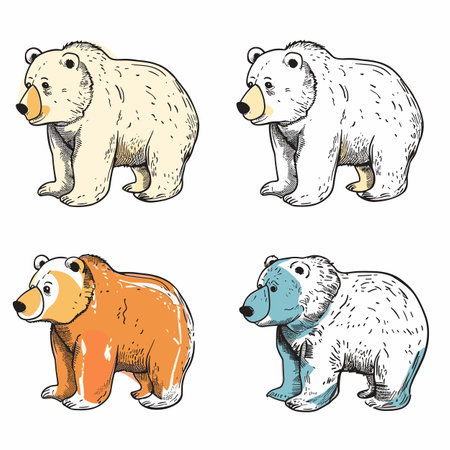 Four bears illustrated different colors styles standing against white background. Top bears feature natural colors, while bottom orange blue. Detailed fur texture, friendly bear faces, handdrawnのイラスト素材
