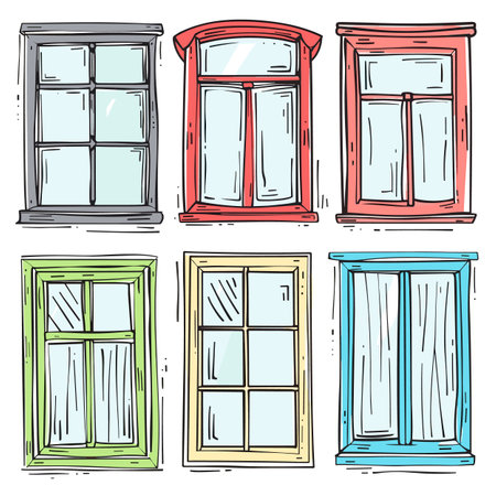 Handdrawn colorful windows set, various shapes styles, architectural elements vector illustration. Cartoon sketch house windows, vibrant colors, sash bay windows, curtains, panes. Six differentのイラスト素材