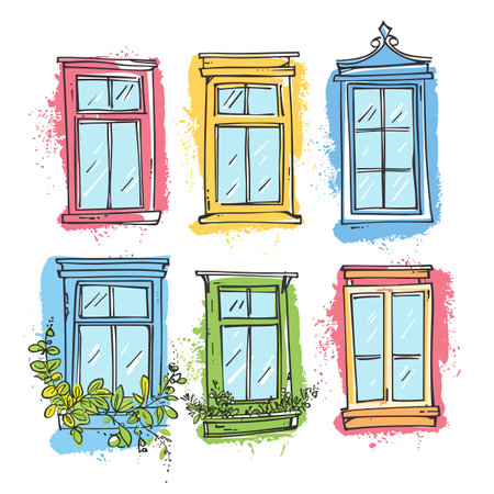 Vintage colorful windows sketched against splattered paint backgrounds. Handdrawn architecture elements urban facades. Illustration includes blue adorned window, green window plants, red, yellowのイラスト素材