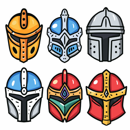 Set colorful medieval knight helmets cartoon style isolated white background. Bright fantasy armor headgear various designs game icons. Detailed knightly helms, vibrant colors, roleplaying gameのイラスト素材