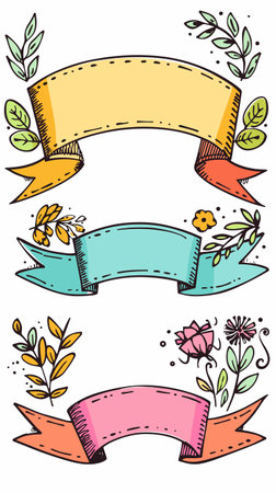 Handdrawn banners adorned colorful flowers leaves, set against clean backdrop. Three ribbon banners, yellow, teal, pink, decorated floral motifs. Graphic style vector illustration botanical elementsのイラスト素材
