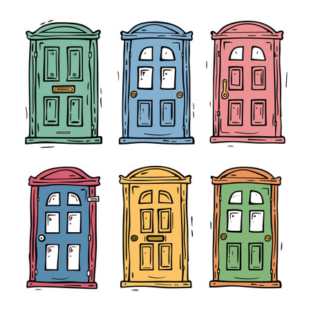 Colorful doors hand drawn illustration. Six different doors vibrant colors variety house entrances. Cartoon green, blue, red, pink, yellow, orange unique architectural design isolated whiteのイラスト素材