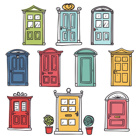 Collection colorful doors various designs cartoon style. Set handdrawn house entrances, urban architecture doodle. Bright front doors, city buildings access points, decorative elements vectorのイラスト素材