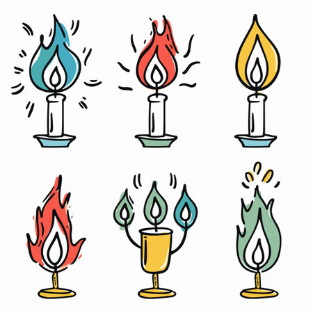 Handdrawn candles burning vibrant flames different colors. Cartoon candles light, festive atmosphere fire. Colored doodle wax illustration, doodle style artのイラスト素材