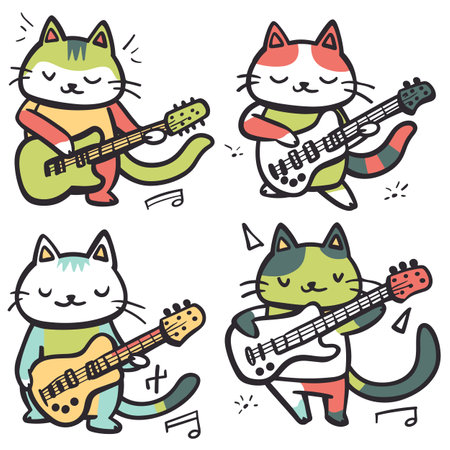 Four cartoon cats playing electric guitars, colorful feline characters. Cartoon cats perform band, fiddling green, red, yellow, white electric guitar. Animated cat strummingのイラスト素材