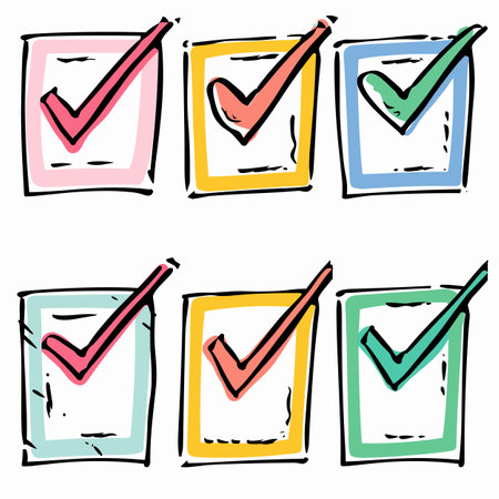 Six colorful check marks inside squares handdrawn style. Checklist confirmation success approval concept isolated white background. Doodle tick sign graphic representation colorful selectionのイラスト素材