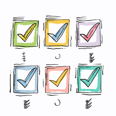 Handdrawn checkboxes colorful sketch six squares tick marks confirming approval task. Creative doodle checklist boxes vibrant hues marking success tasks. Conceptual checkboxesのイラスト素材