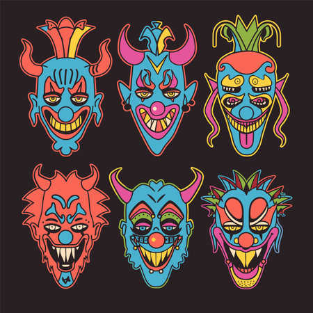 Collection scary clown faces neon colors black background. Six evil clowns sinister expressions vivid makeup. Halloween horror themed carnival clown illustrations bright colorsのイラスト素材