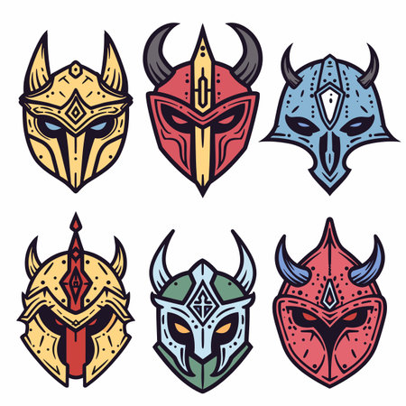 Six stylized fantasy warrior helmets colorful design, helmet features unique horns cultural patterns medieval armor concept. Distinct tribal helmet illustrations collection set gaming, mythologyのイラスト素材