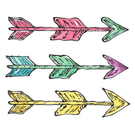 Handdrawn arrows vibrant colors pink green yellow sketched. Boho style arrows illustration isolated white background, artistic design elements. Colorful pointing right, decorative doodle artのイラスト素材