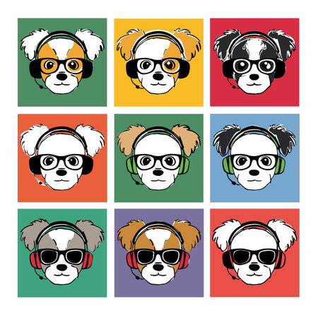 Nine cartoon dogs wearing headphones sunglasses, dog separate colored square. Dogs various colors, expressions, headwear, headphones, eyewear styles depicting cool personality traits. Illustrationのイラスト素材