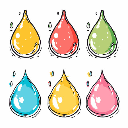 Colorful water drops sketch, handdrawn droplets, yellow red green blue pink water droplets highlight reflections. Artistic liquid drops, vibrant multicolor wet splash concept, cartoon styleのイラスト素材