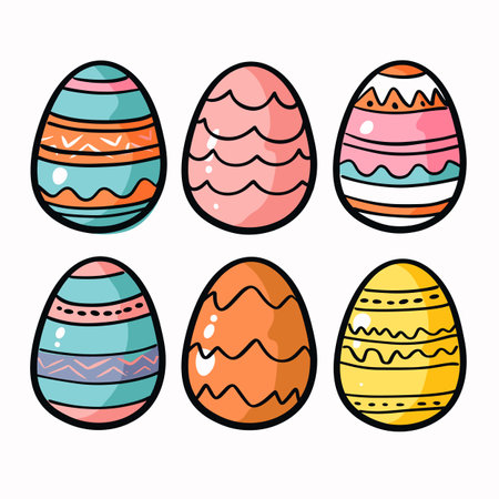 Set six colorful Easter eggs decorated various patterns. Handdrawn style designs suitable holiday greetings. Bright isolated white background ideal festive Easter designsのイラスト素材