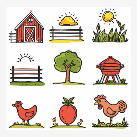 Handdrawn farm doodles set, colorful barn fence, sunny day, lush tree, barbecue grill, chicken, strawberry graphics. Cartoon countryside elements, agriculture symbols, nature illustrations, vibrantのイラスト素材