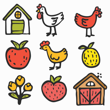 Handdrawn farm elements set, colorful sketch style. Chickens, fruits, flower doodles, toylike barn illustrations. Simplified cartoon rendering countryside objects, bright primary colorsのイラスト素材