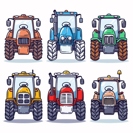 Six colorful tractors, cartoon style, farming equipment. Set agricultural machinery, front view, colorful designs. Red, blue, green, yellow farm tractors, isolated white backgroundのイラスト素材